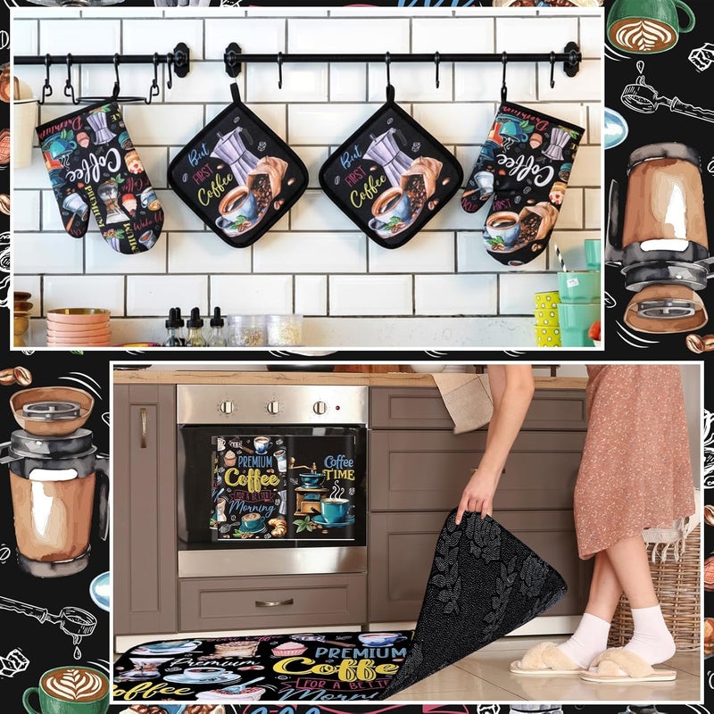 Fourluoo 10 Pcs Coffee Kitchen Decor Set Coffee Kitchen Dish Towels Oven Mitts and Pot Holders Farmhouse Rugs Mats Vintage Black Potholders for Chef Baking Cooking Grilling BBQ Women Accessories Gift - Image 4
